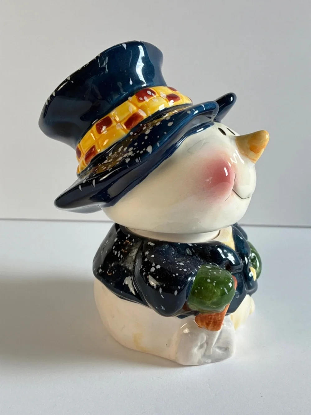 Ceramic Snowman Canister  Figurine with Navy Hat and Green Mittens